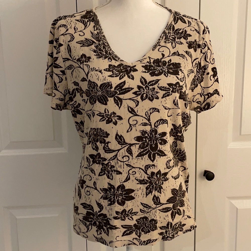 First Issue A Liz Claiborne Co. Women’s SZ XL Embellished Tan/Brown Floral Top